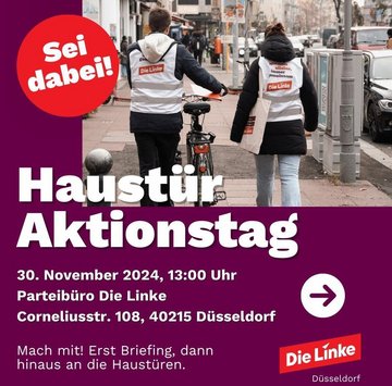 "Plakat zur Haustüraktion der Partei DIE LINKE Düsseldorf am 30. November 2024